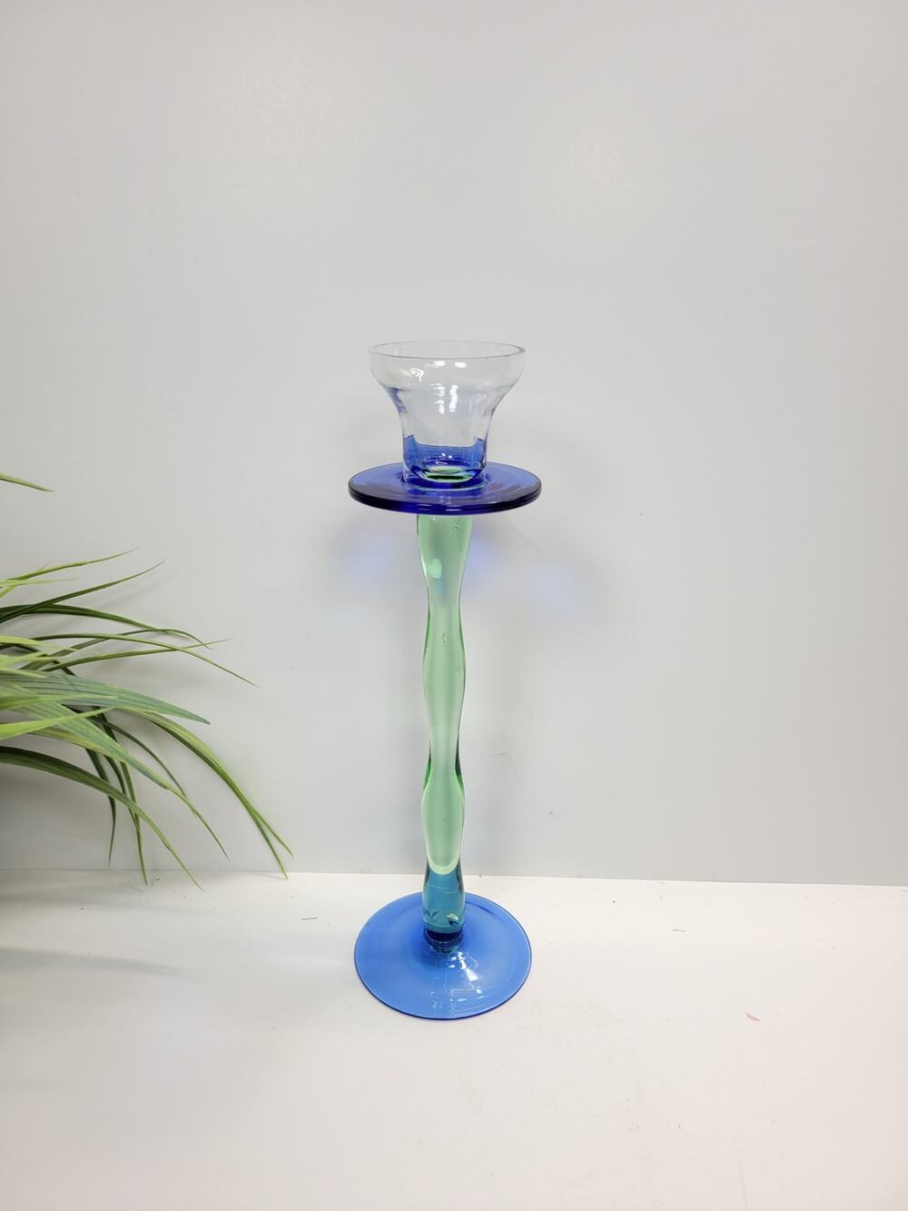 Vintage Blue Green Wavy Art Glass Candlestick 9-3/4"